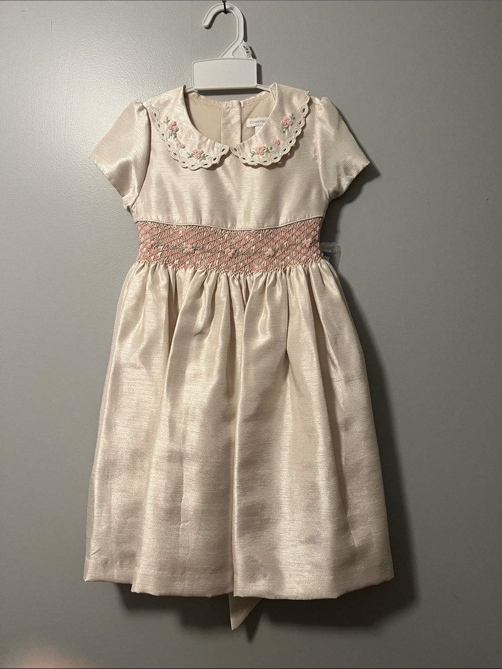 Charter Club Ivory Satin Dress with Pink Smocked Waist and Embroidered Collar